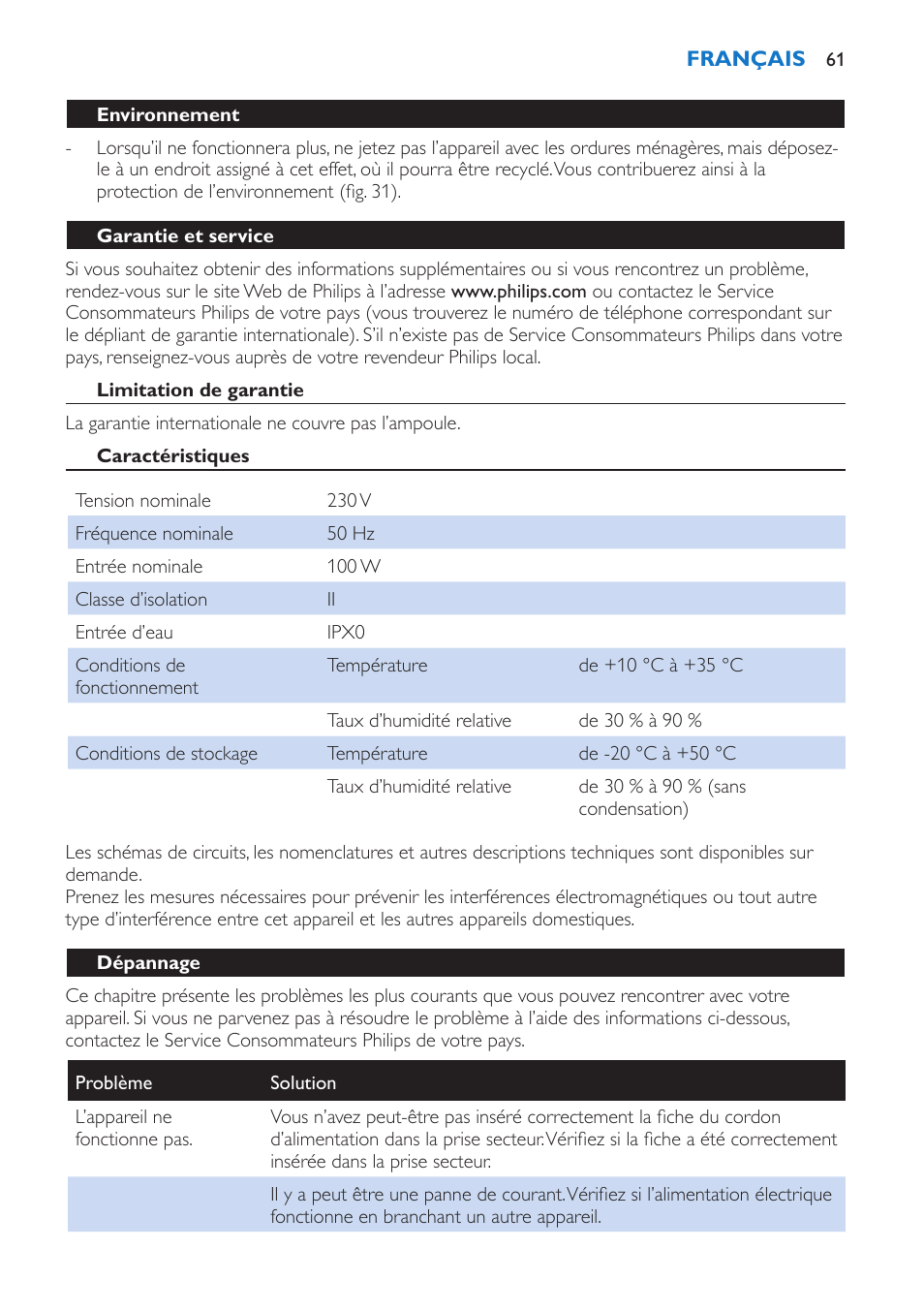 Environnement, Garantie et service, Limitation de garantie | Caractéristiques, Dépannage | Philips Wake-up Light User Manual | Page 61 / 136