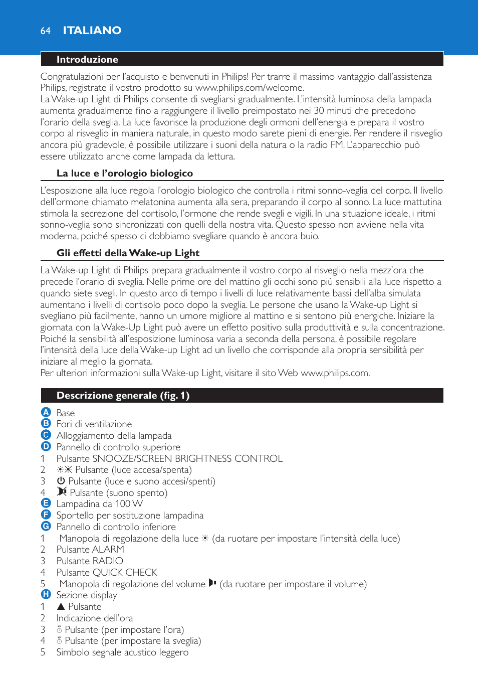 Italiano, Introduzione, La luce e l’orologio biologico | Gli effetti della wake-up light, Descrizione generale (fig. 1) | Philips Wake-up Light User Manual | Page 64 / 136