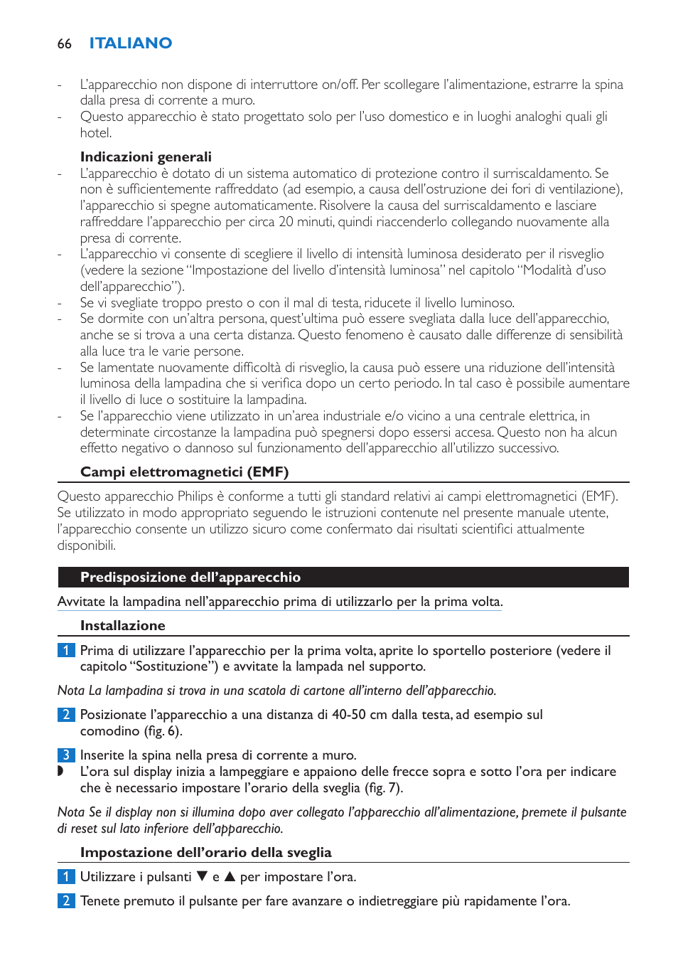 Indicazioni generali, Campi elettromagnetici (emf), Predisposizione dell’apparecchio | Installazione, Impostazione dell’orario della sveglia | Philips Wake-up Light User Manual | Page 66 / 136