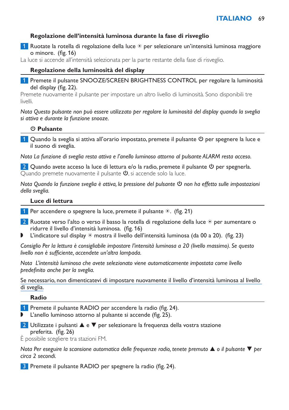 Regolazione della luminosità del display, 3 pulsante, Luce di lettura | Radio | Philips Wake-up Light User Manual | Page 69 / 136