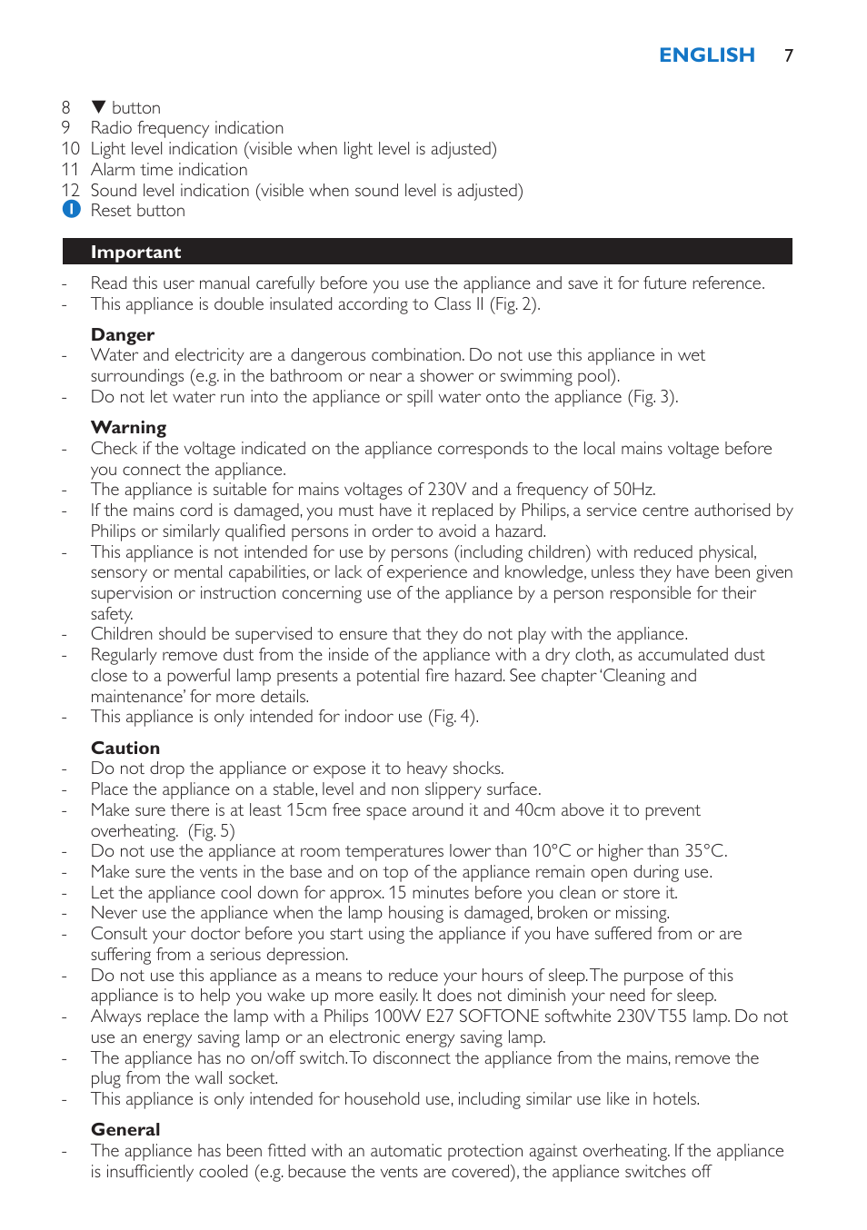 Danger, Warning, Caution | General, Important | Philips Wake-up Light User Manual | Page 7 / 136