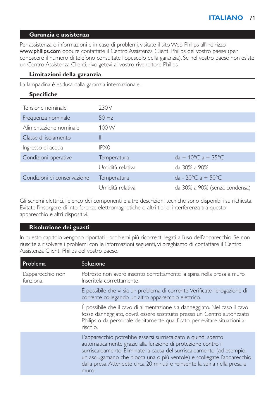 Garanzia e assistenza, Limitazioni della garanzia, Specifiche | Risoluzione dei guasti | Philips Wake-up Light User Manual | Page 71 / 136