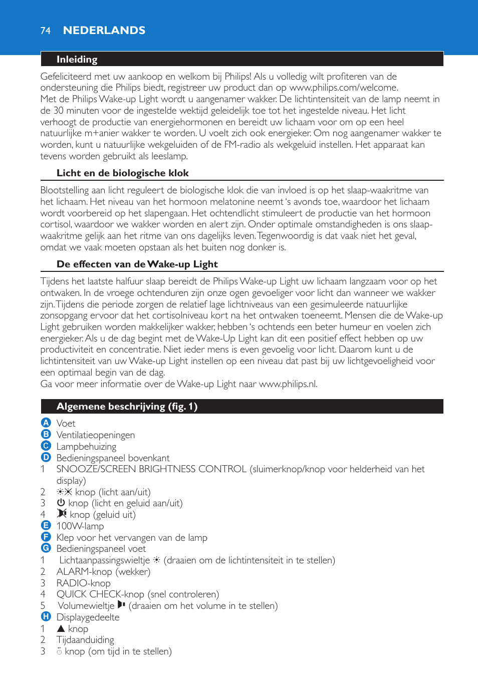 Nederlands, Inleiding, Licht en de biologische klok | De effecten van de wake-up light, Algemene beschrijving (fig. 1) | Philips Wake-up Light User Manual | Page 74 / 136