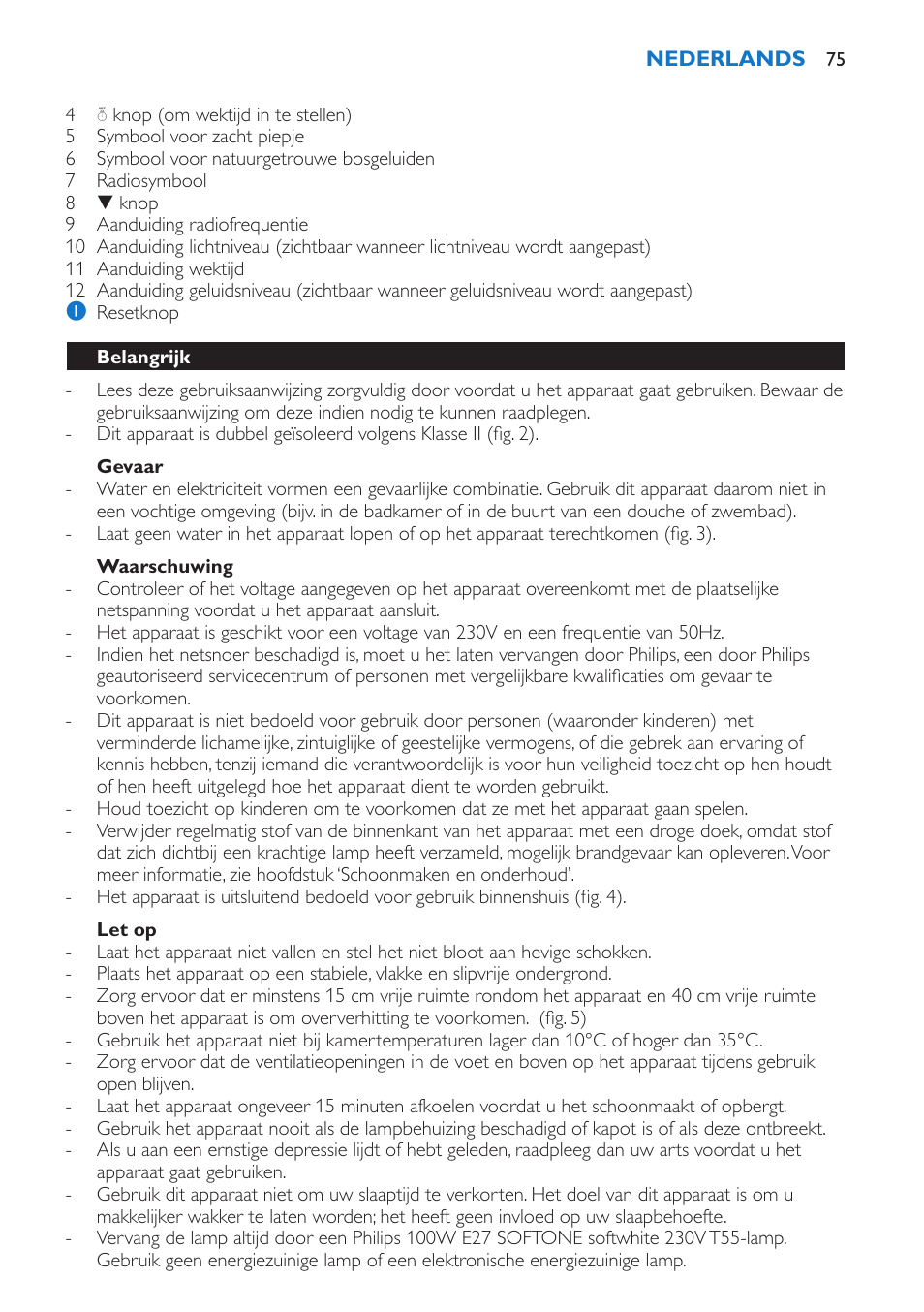 Gevaar, Waarschuwing, Let op | Belangrijk | Philips Wake-up Light User Manual | Page 75 / 136