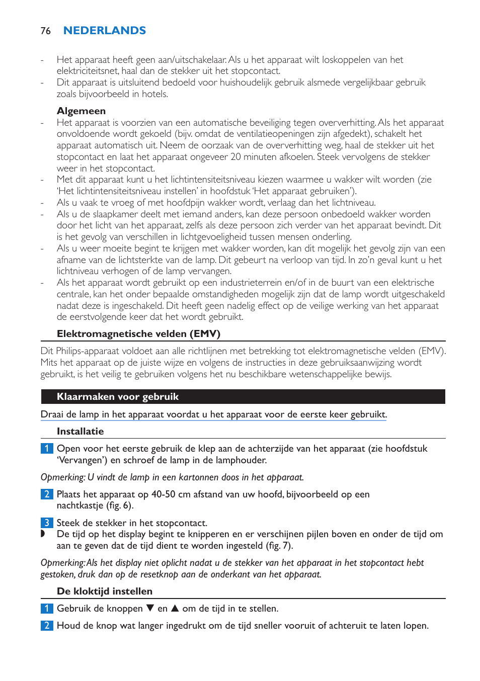 Algemeen, Elektromagnetische velden (emv), Klaarmaken voor gebruik | Installatie, De kloktijd instellen | Philips Wake-up Light User Manual | Page 76 / 136