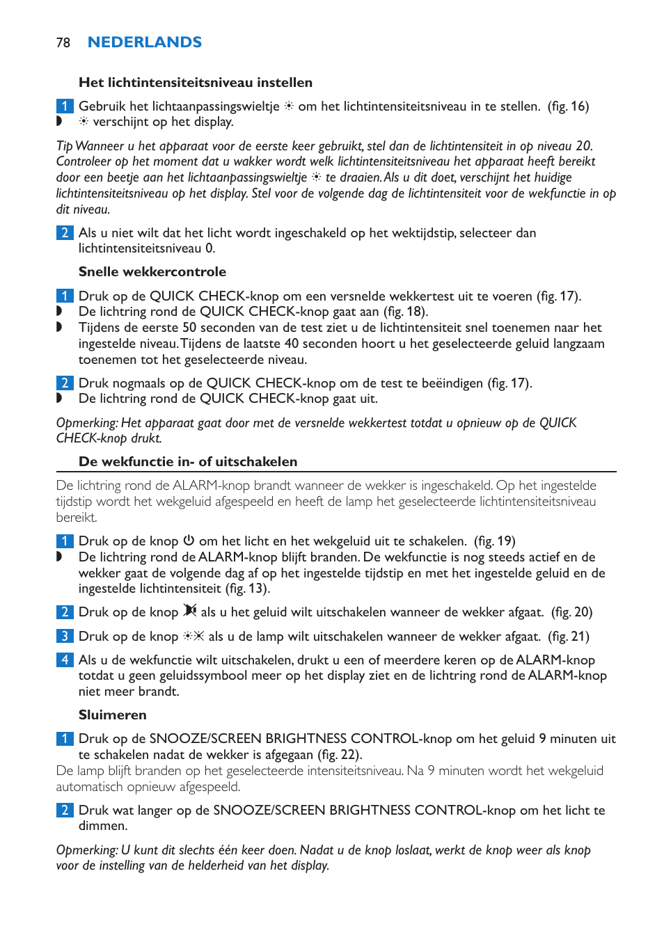 Snelle wekkercontrole, De wekfunctie in- of uitschakelen, Sluimeren | Philips Wake-up Light User Manual | Page 78 / 136