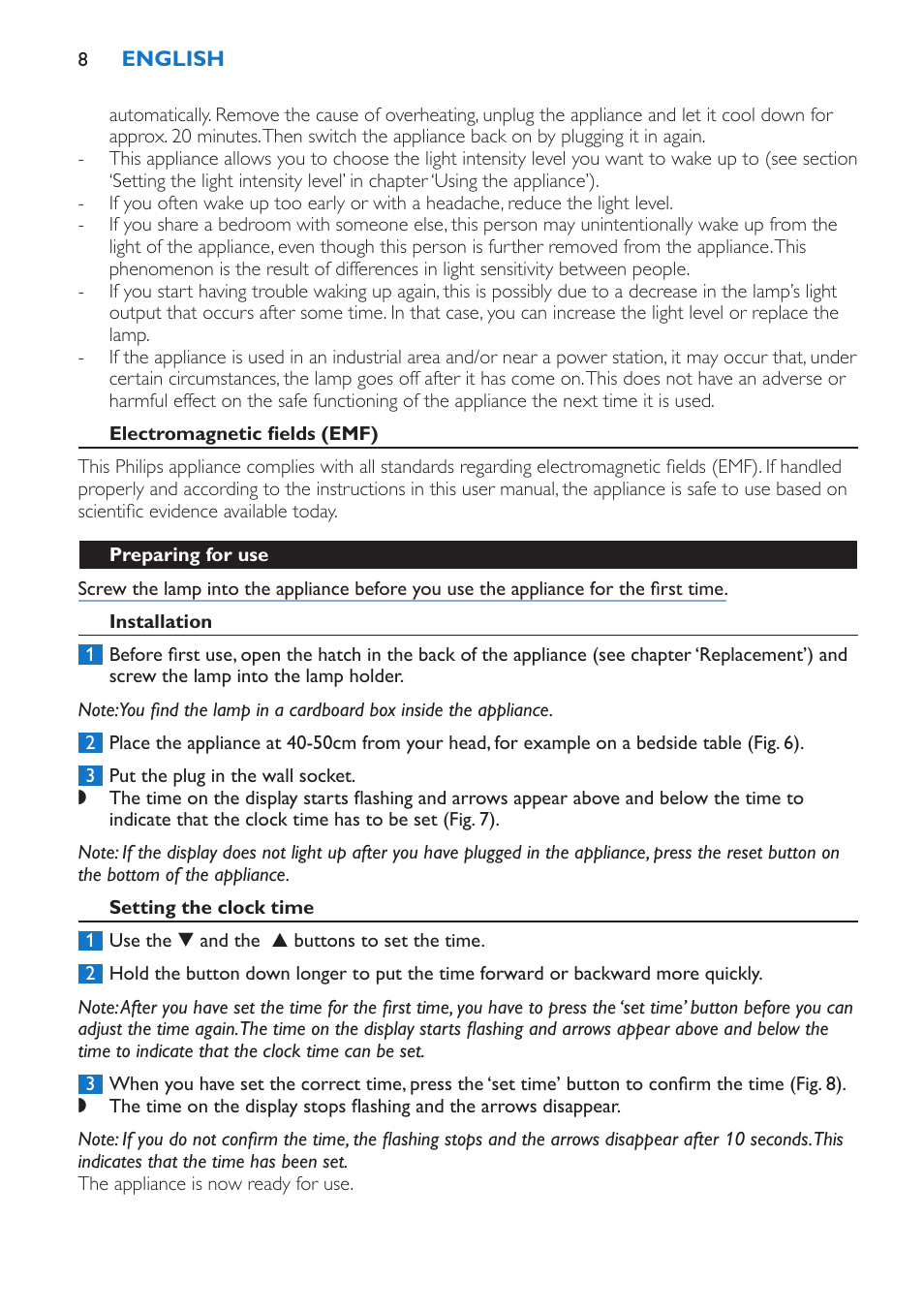 Electromagnetic fields (emf), Preparing for use, Installation | Setting the clock time | Philips Wake-up Light User Manual | Page 8 / 136