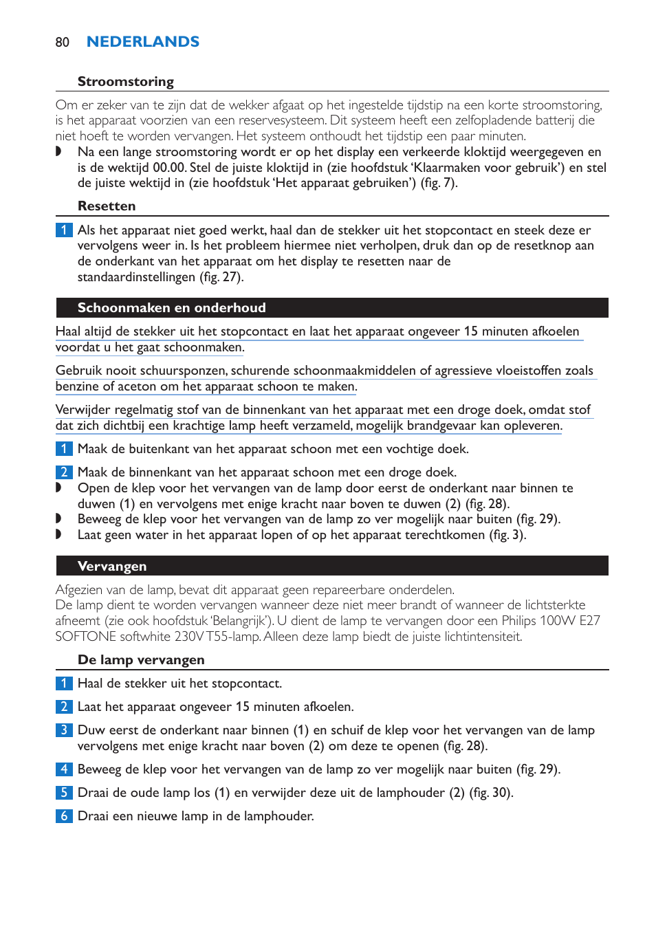 Resetten, Schoonmaken en onderhoud, Vervangen | De lamp vervangen, Milieu | Philips Wake-up Light User Manual | Page 80 / 136