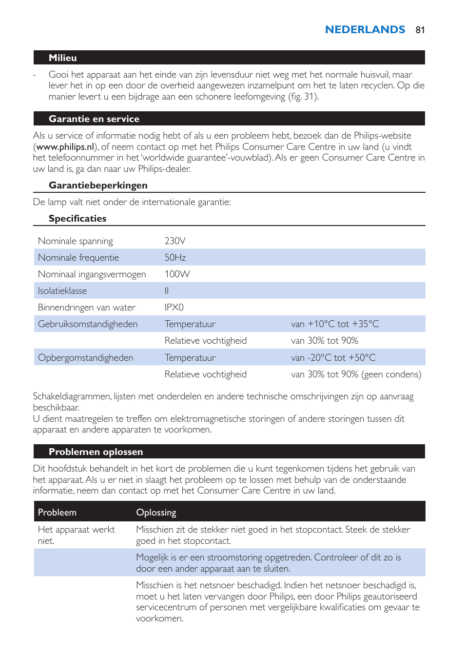 Garantie en service, Garantiebeperkingen, Specificaties | Problemen oplossen | Philips Wake-up Light User Manual | Page 81 / 136