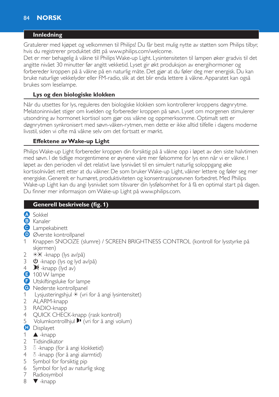 Norsk, Innledning, Lys og den biologiske klokken | Effektene av wake-up light, Generell beskrivelse (fig. 1) | Philips Wake-up Light User Manual | Page 84 / 136