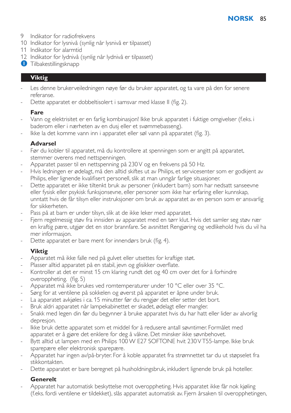 Fare, Advarsel, Viktig | Generelt | Philips Wake-up Light User Manual | Page 85 / 136