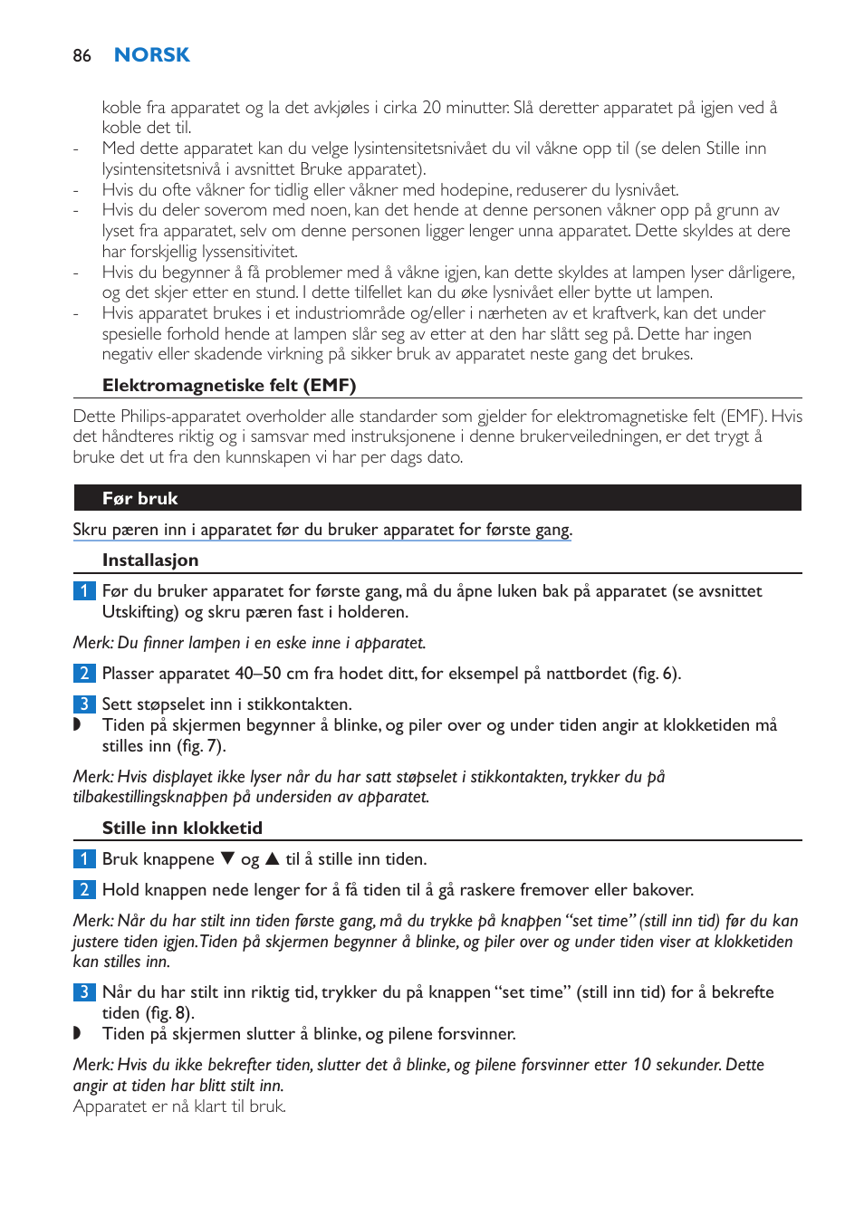 Elektromagnetiske felt (emf), Før bruk, Installasjon | Stille inn klokketid | Philips Wake-up Light User Manual | Page 86 / 136