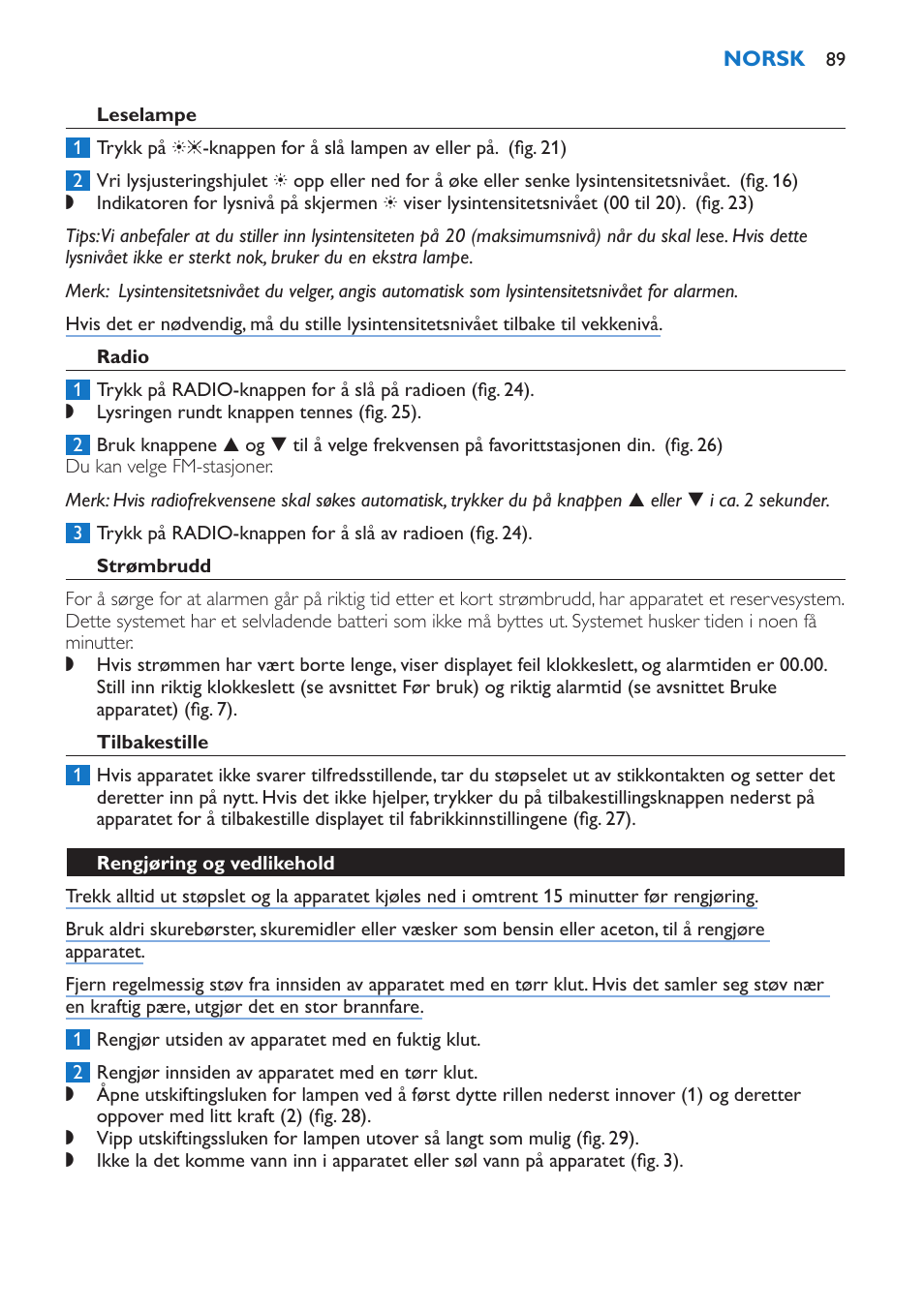 Leselampe, Radio, Strømbrudd | Tilbakestille, Rengjøring og vedlikehold, Utskifting | Philips Wake-up Light User Manual | Page 89 / 136