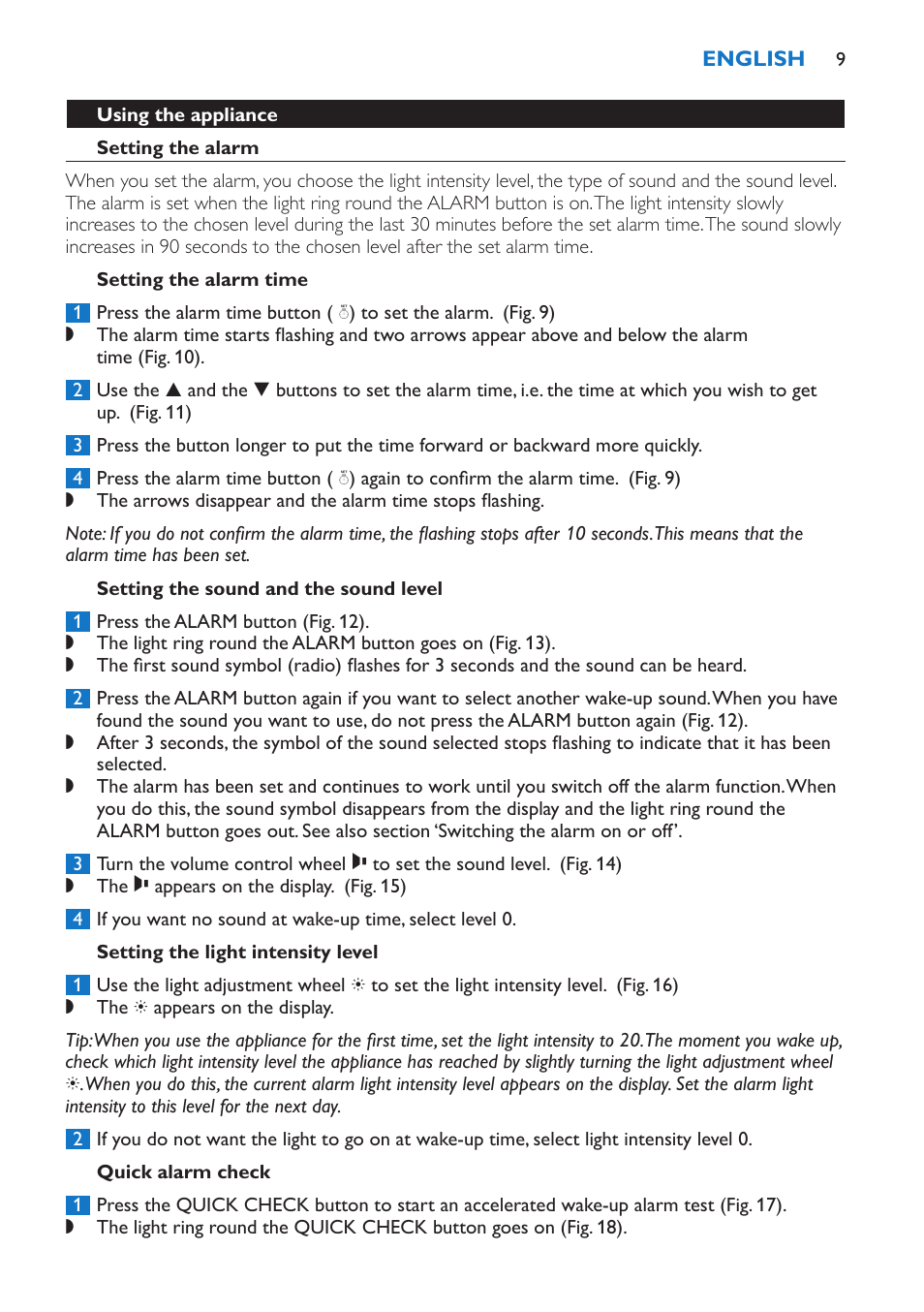 Using the appliance, Setting the alarm, Setting the alarm time | Setting the sound and the sound level, Setting the light intensity level, Quick alarm check | Philips Wake-up Light User Manual | Page 9 / 136