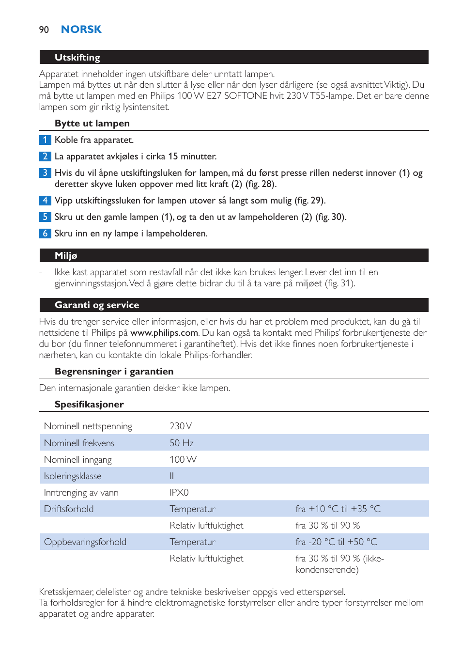 Bytte ut lampen, Miljø, Garanti og service | Begrensninger i garantien, Spesifikasjoner | Philips Wake-up Light User Manual | Page 90 / 136