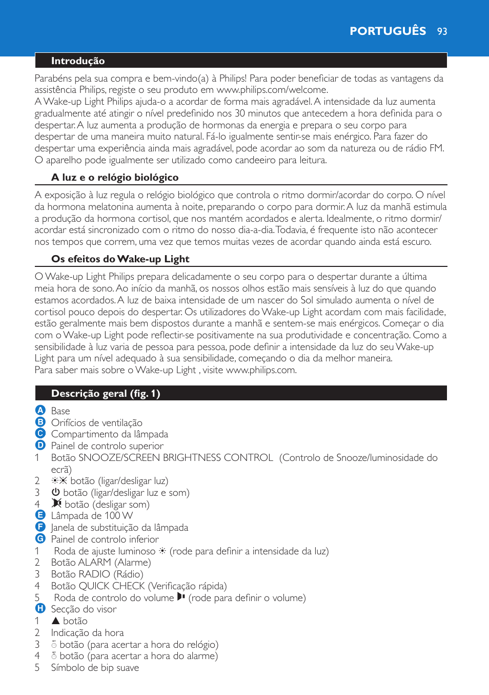 Português, Introdução, A luz e o relógio biológico | Os efeitos do wake-up light, Descrição geral (fig. 1) | Philips Wake-up Light User Manual | Page 93 / 136