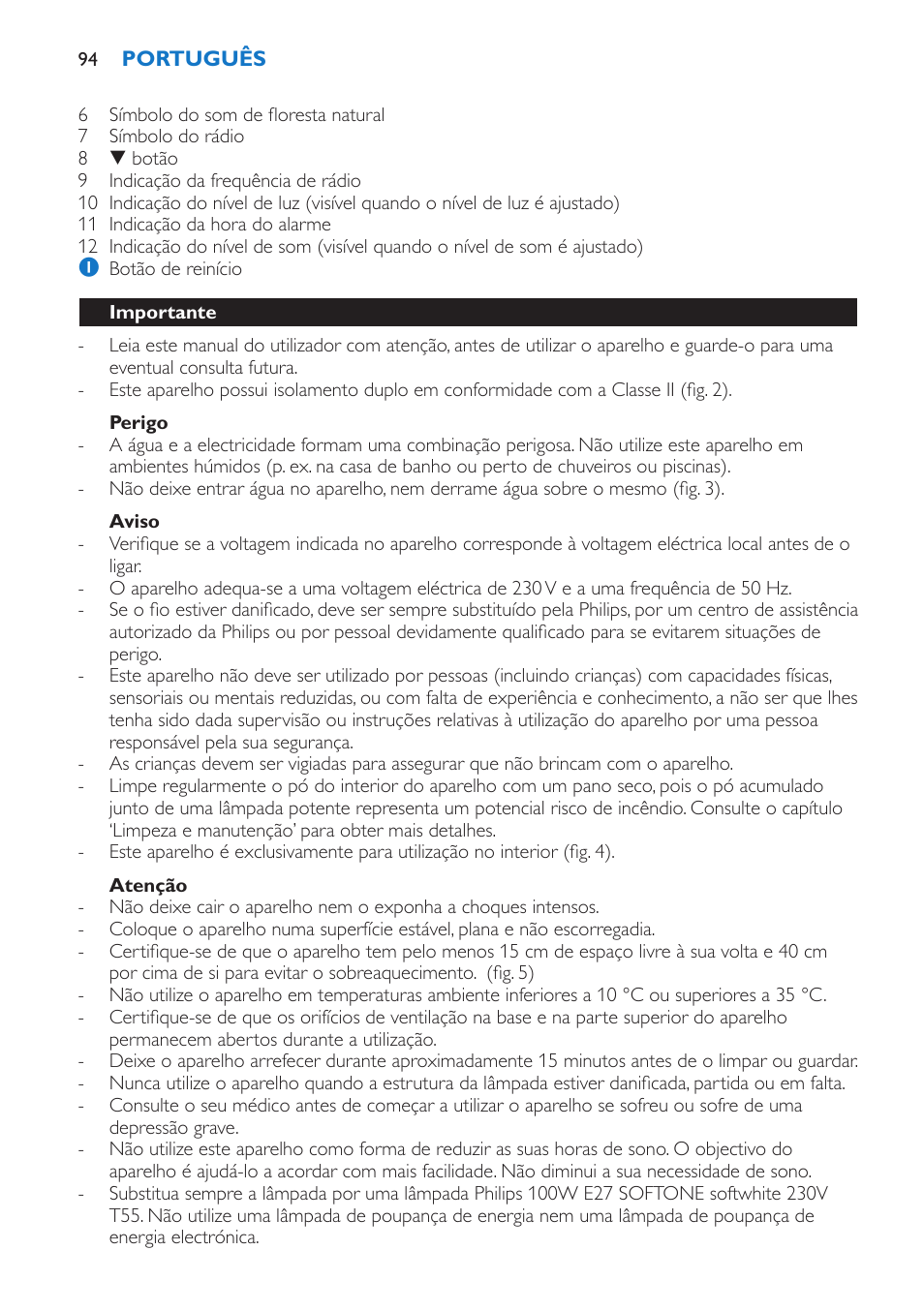 Perigo, Aviso, Atenção | Importante | Philips Wake-up Light User Manual | Page 94 / 136