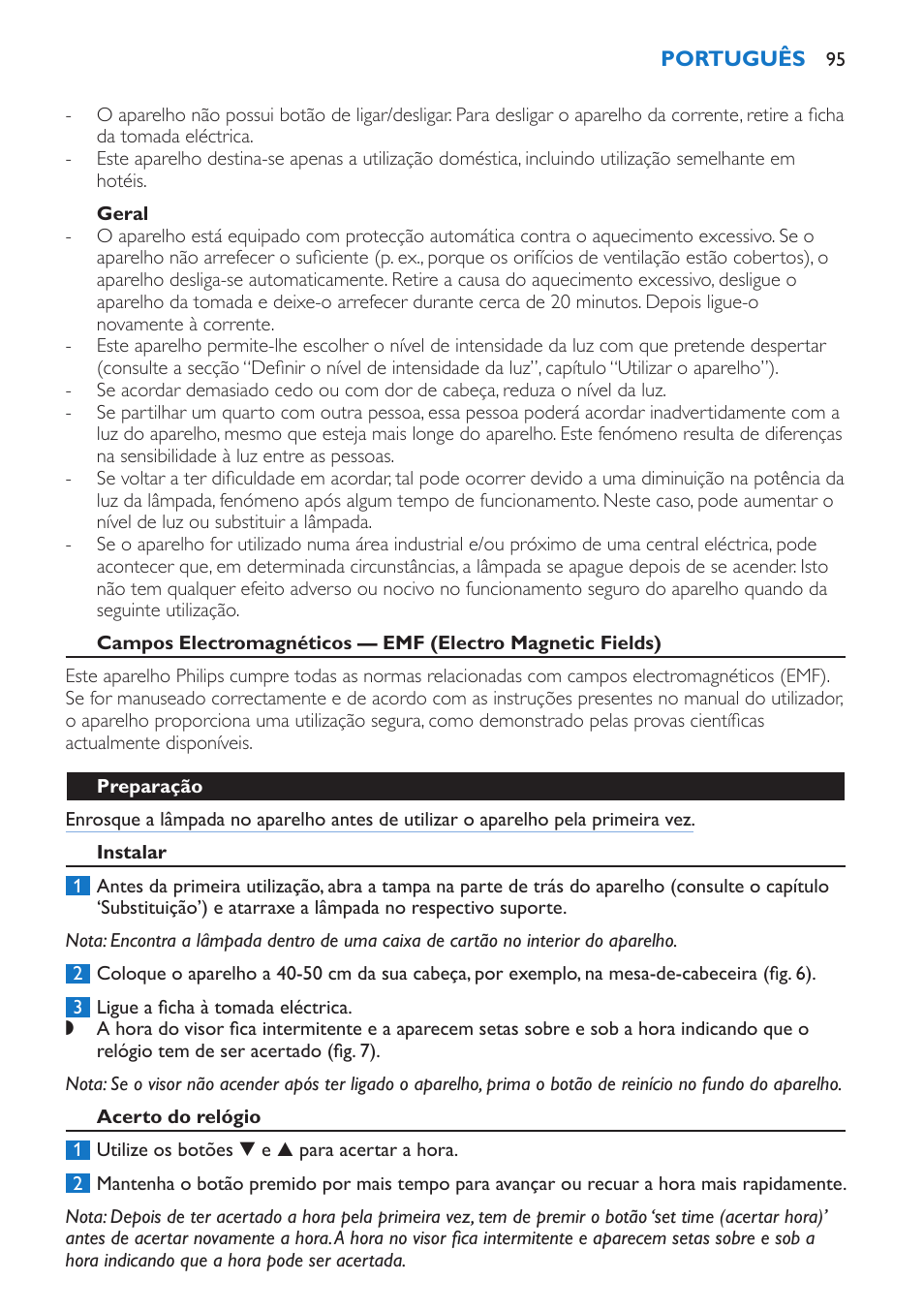 Geral, Preparação, Instalar | Acerto do relógio | Philips Wake-up Light User Manual | Page 95 / 136