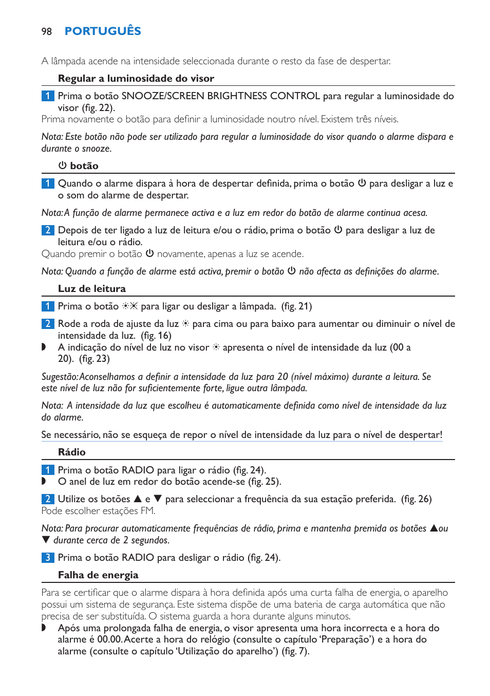 Regular a luminosidade do visor, 3 botão, Luz de leitura | Rádio, Falha de energia | Philips Wake-up Light User Manual | Page 98 / 136