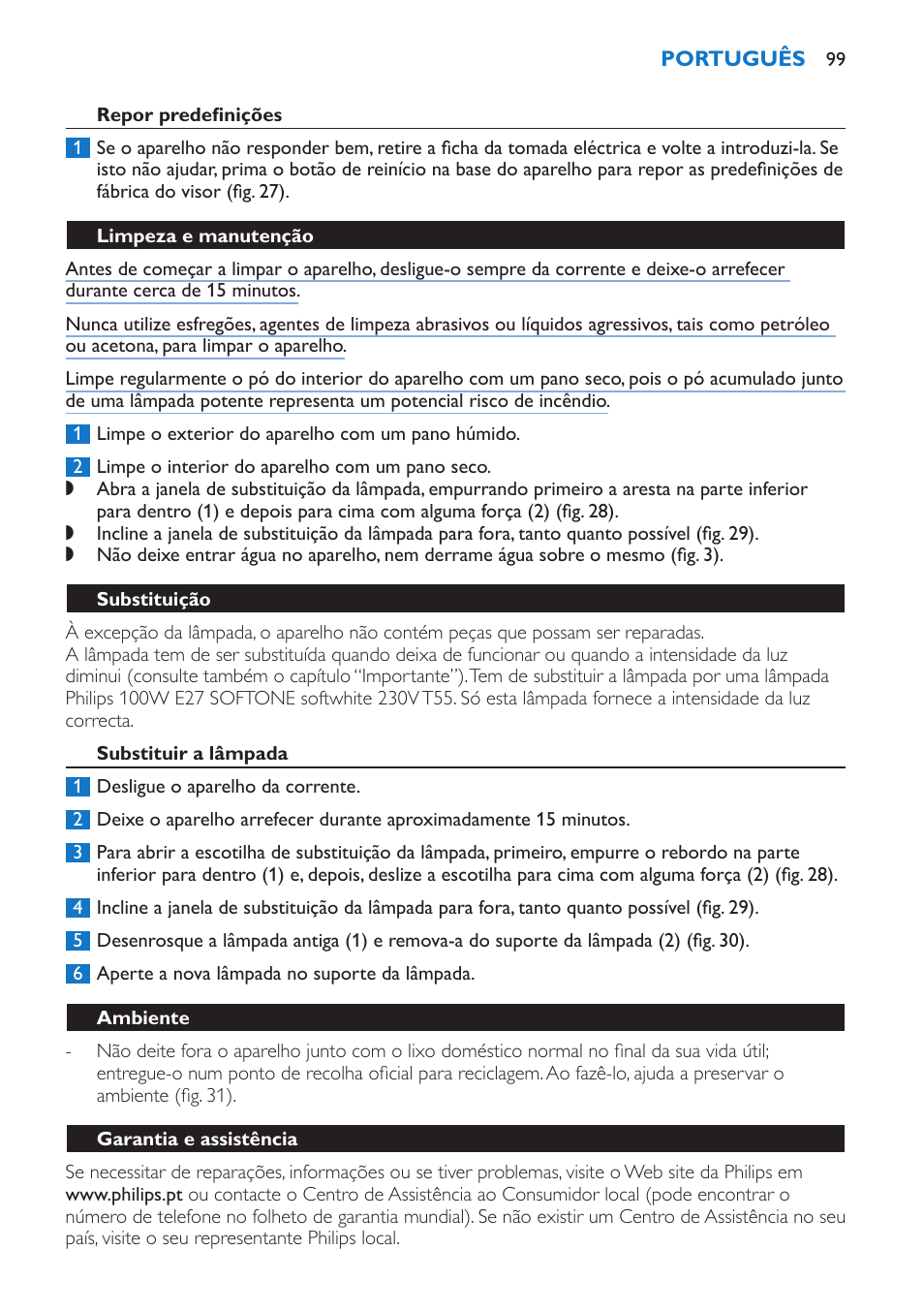 Repor predefinições, Limpeza e manutenção, Substituição | Substituir a lâmpada, Ambiente, Garantia e assistência | Philips Wake-up Light User Manual | Page 99 / 136