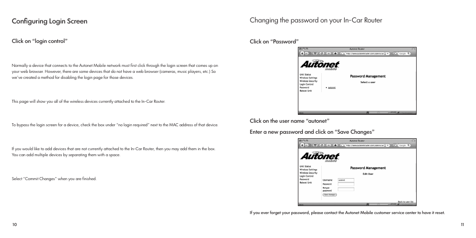 Configuring login screen, Changing the password on your in-car router | Autonet In-Car 186-1100-001 User Manual | Page 7 / 16