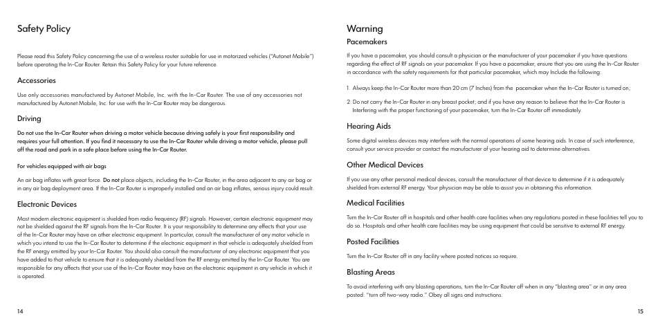 Safety policy, Warning | Autonet In-Car 186-1100-001 User Manual | Page 9 / 16