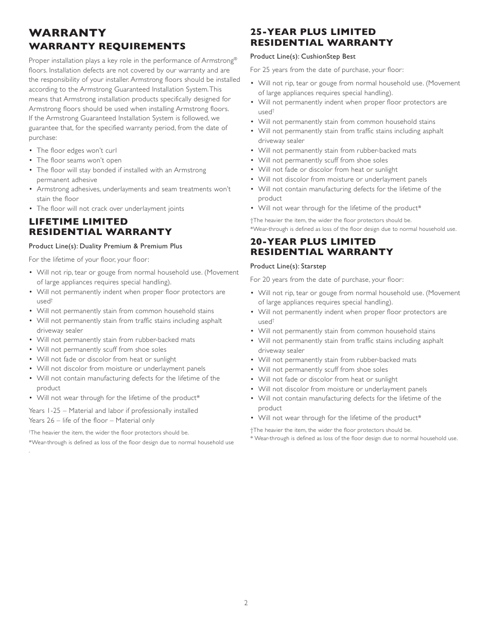 Warranty, Warranty requirements, Lifetime limited residential warranty | Year plus limited residential warranty | Armstrong World Industries Flooring User Manual | Page 2 / 6