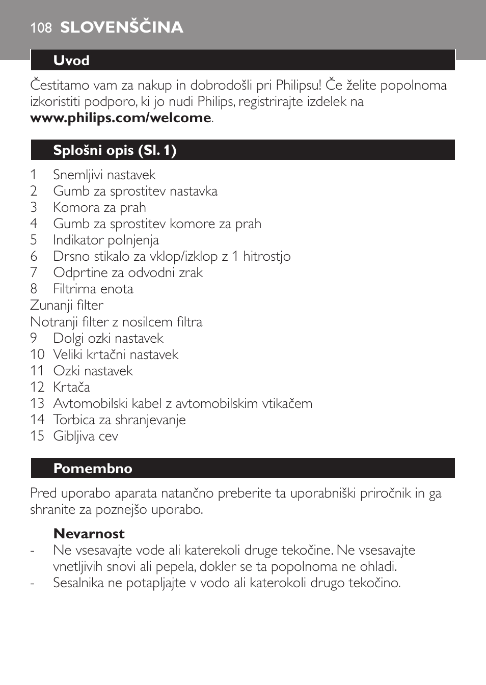 Slovenščina | Philips MiniVac Aspirador de mano User Manual | Page 108 / 132