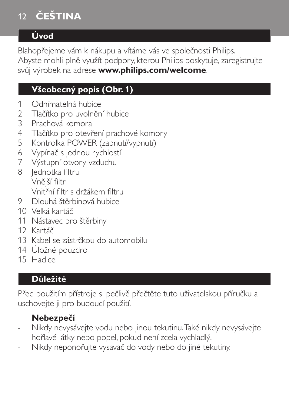 Čeština, Čeština 12 | Philips MiniVac Aspirador de mano User Manual | Page 12 / 132