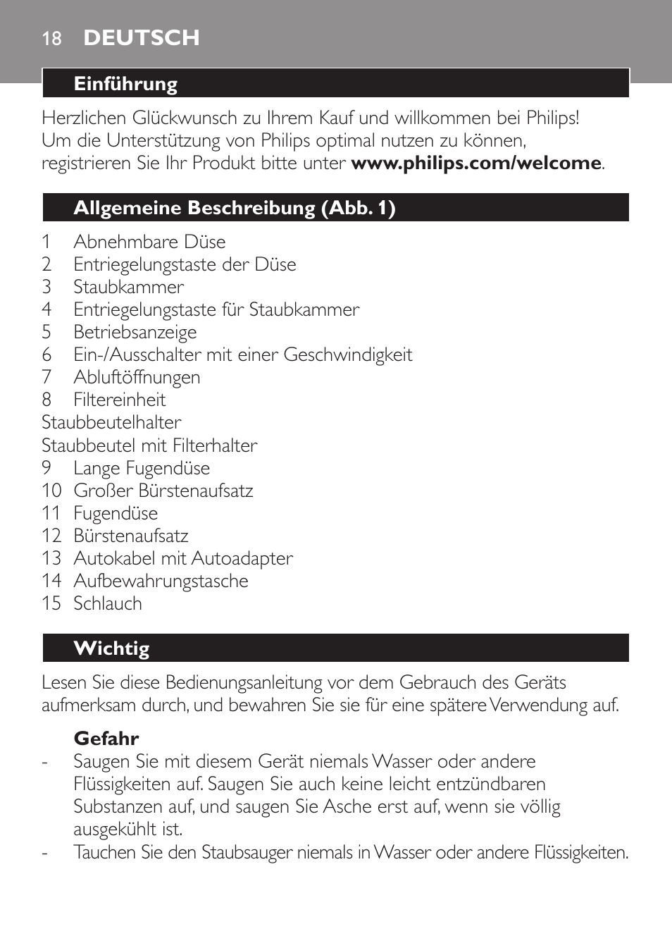 Deutsch, Deutsch 18 | Philips MiniVac Aspirador de mano User Manual | Page 18 / 132