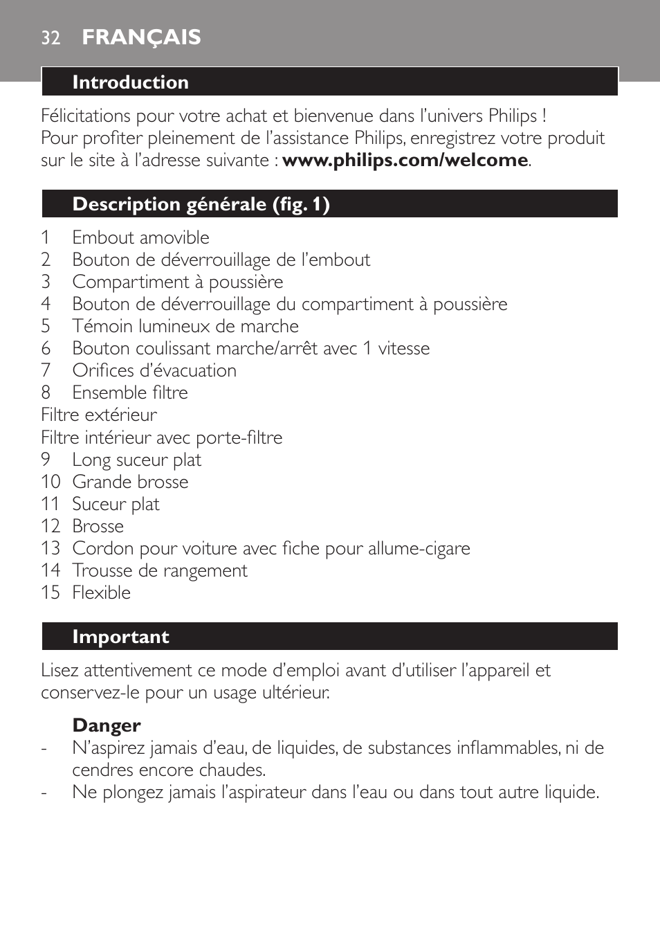 Français | Philips MiniVac Aspirador de mano User Manual | Page 32 / 132