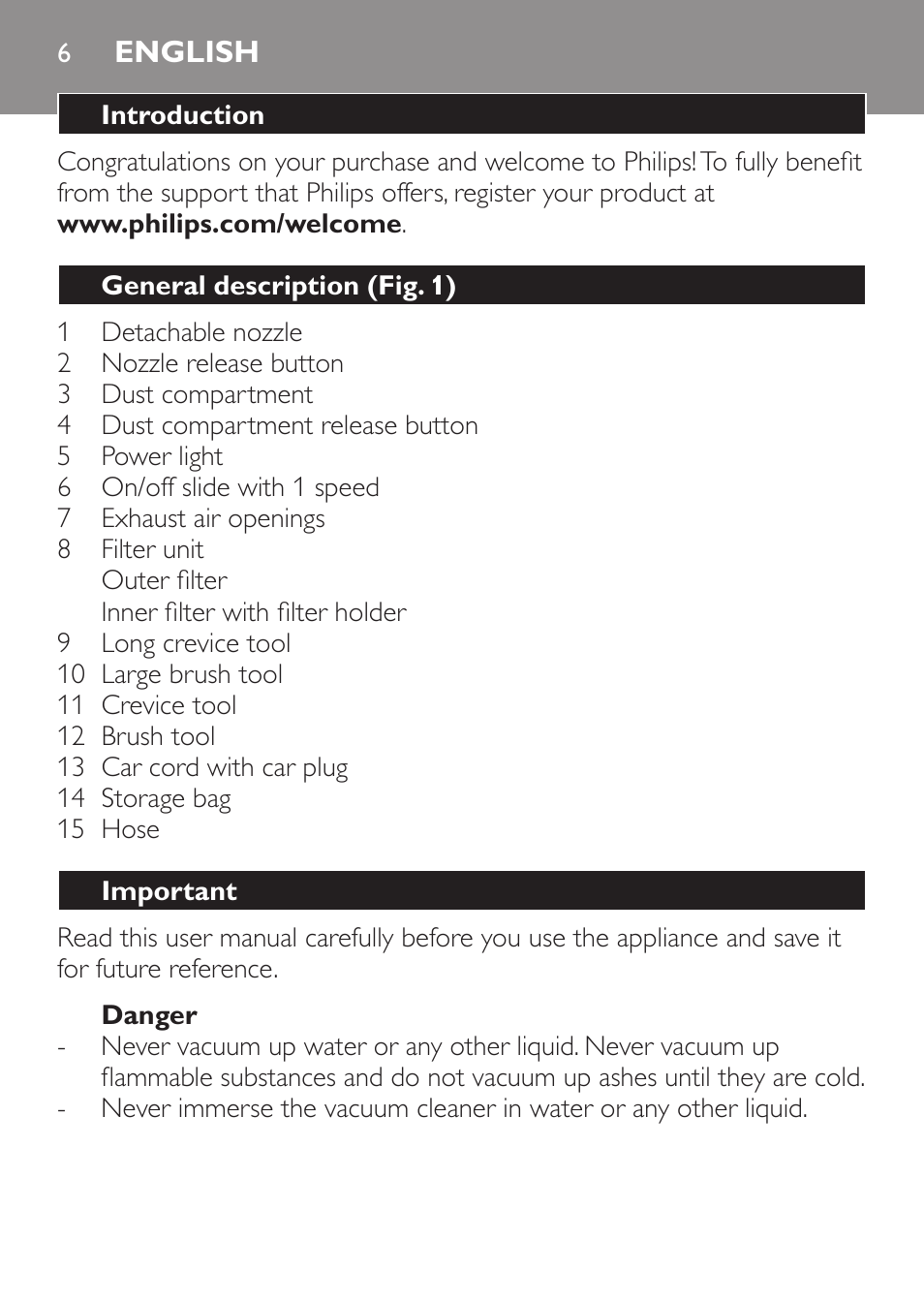 English, English 6 | Philips MiniVac Aspirador de mano User Manual | Page 6 / 132