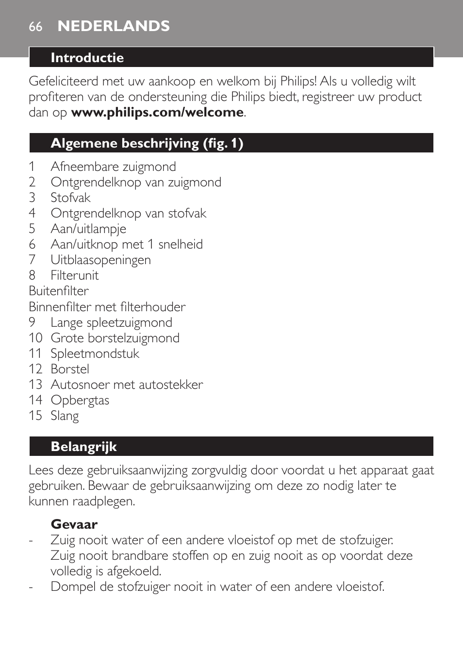 Nederlands, Nederlands 66 | Philips MiniVac Aspirador de mano User Manual | Page 66 / 132