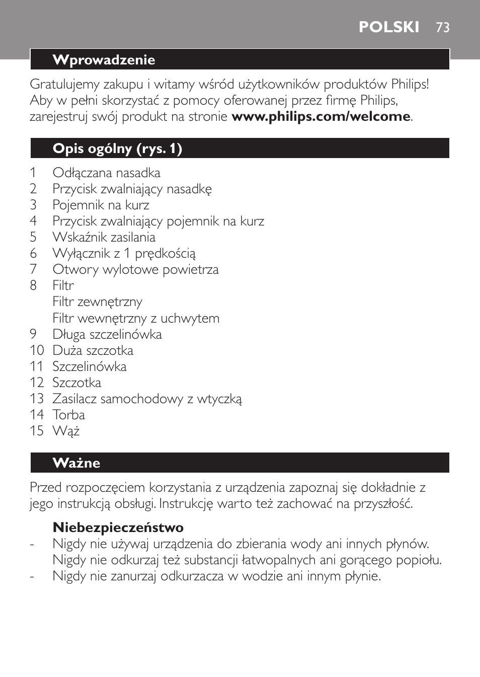 Polski | Philips MiniVac Aspirador de mano User Manual | Page 73 / 132