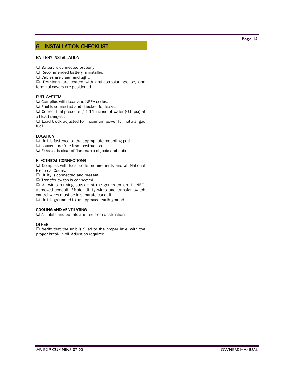 Installation checklist | Armstrong World Industries A50CU User Manual | Page 15 / 43