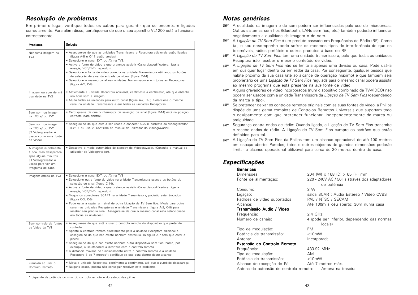 Resolução de problemas, Notas genéricas, Especificações | Philips Receptor TV Link adicional User Manual | Page 23 / 39