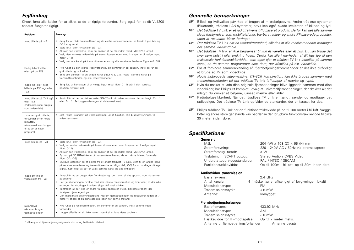 Generelle bemærkninger, Specifikationer, Fejlfinding | Philips Receptor TV Link adicional User Manual | Page 32 / 39