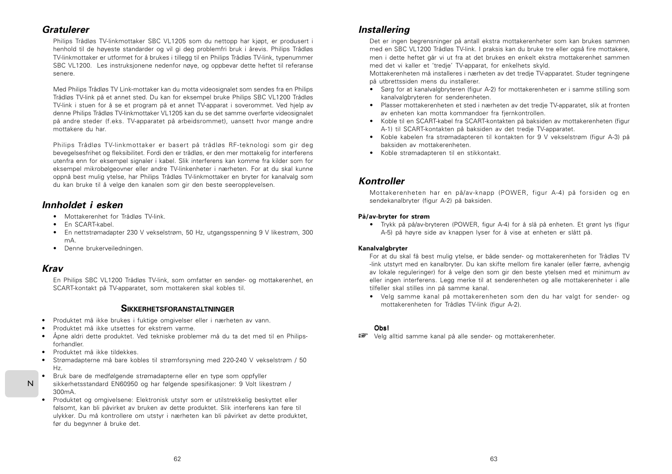 Gratulerer, Innholdet i esken, Krav | Installering, Kontroller | Philips Receptor TV Link adicional User Manual | Page 33 / 39