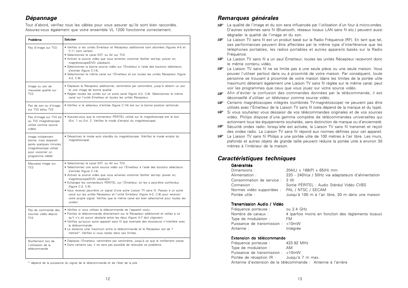 Dépannage, Remarques générales, Caractéristiques techniques | Philips Receptor TV Link adicional User Manual | Page 8 / 39