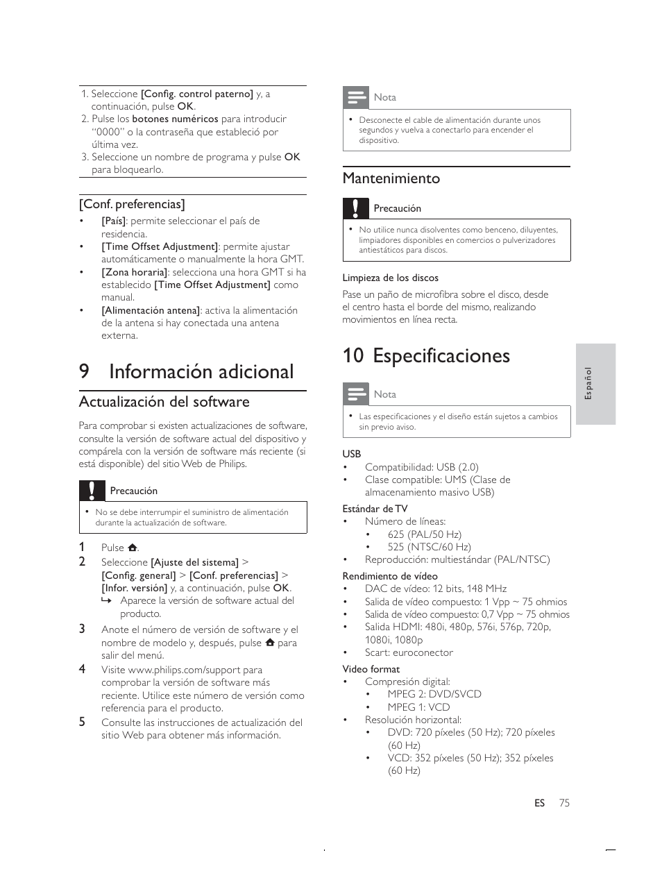 Vshflilfdflrqhv, Qirupdflyqdglflrqdo, Mantenimiento | Fwxdol]dflyqghovriwzduh, Rqisuhihuhqfldv | Philips Receptor digital User Manual | Page 19 / 35