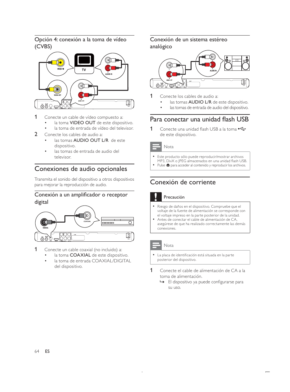 3dudfrqhfwduxqdxqlgdgádvk86, Rqh[lyqghfruulhqwh, Conexiones de audio opcionales | Rqh[lyqghxqvlvwhpdhvwpuhr dqdoyjlfr, 2sflyqfrqh[lyqdodwrpdghytghr &9%6, Rqh[lyqdxqdpsolàfdgruruhfhswru digital | Philips Receptor digital User Manual | Page 8 / 35