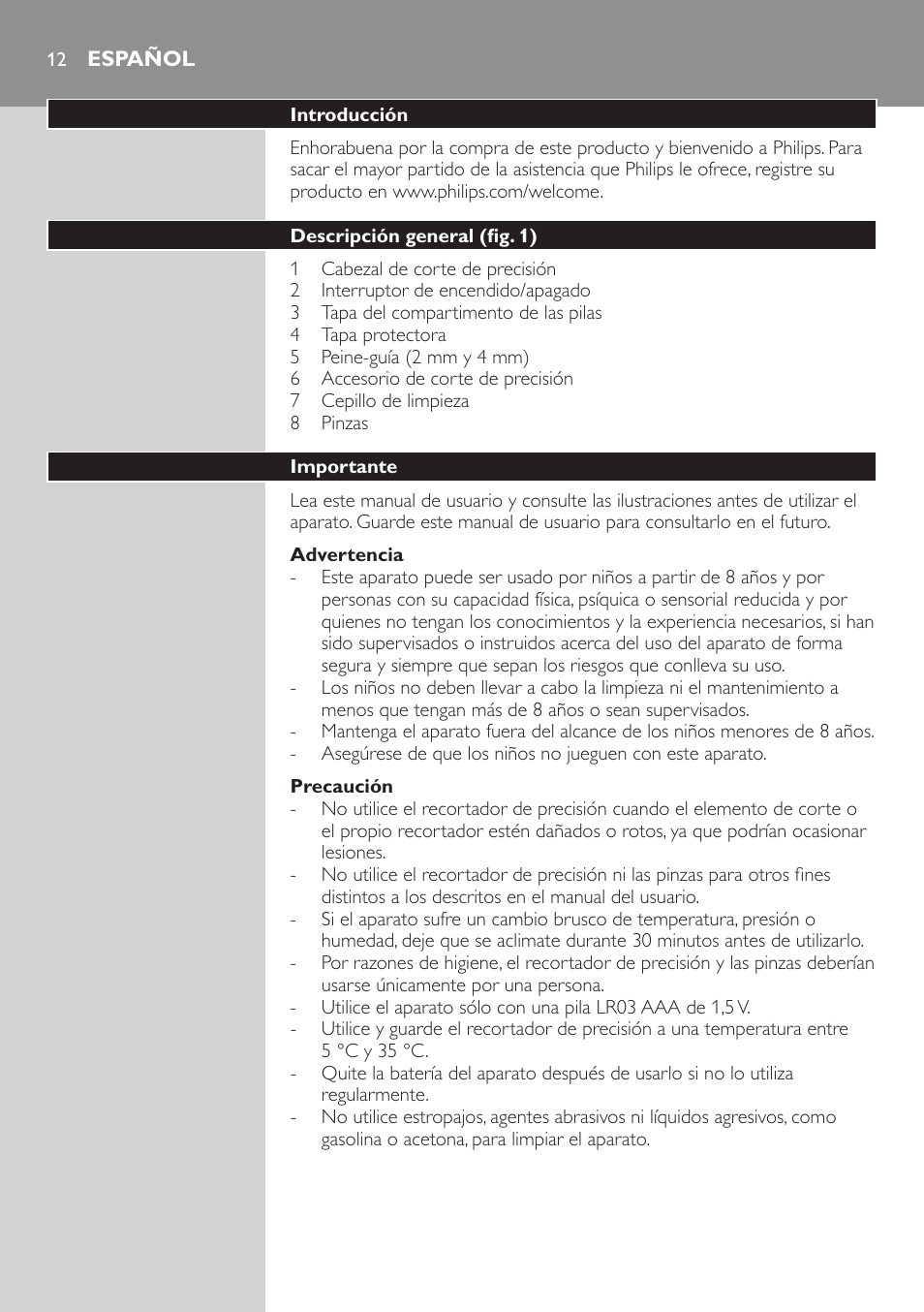 Español, Español 12 | Philips Accesorio recortador de precisión User Manual | Page 12 / 88