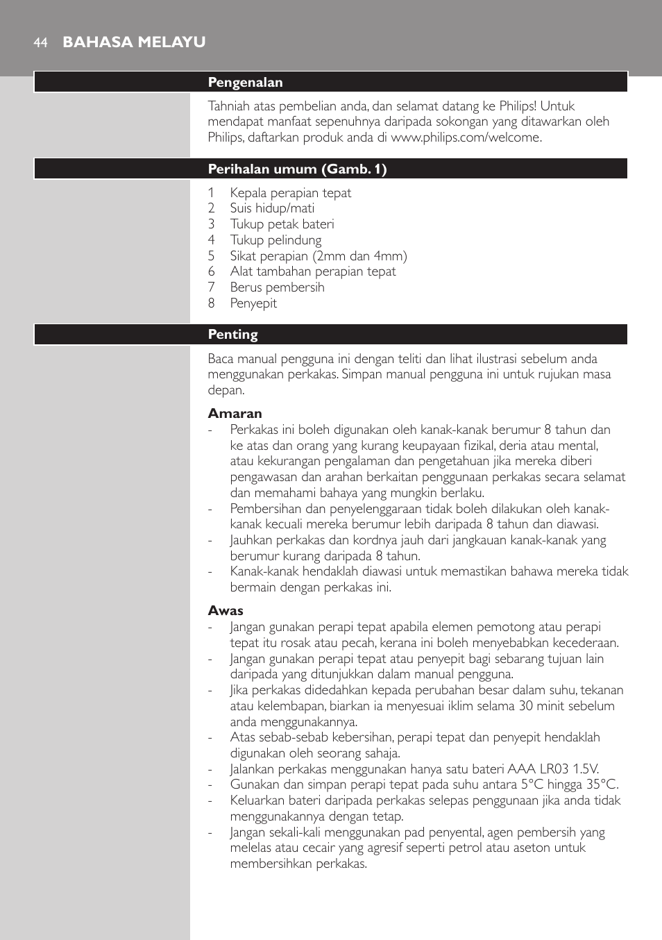 Bahasa melayu, Bahasa melayu 44 | Philips Accesorio recortador de precisión User Manual | Page 44 / 88