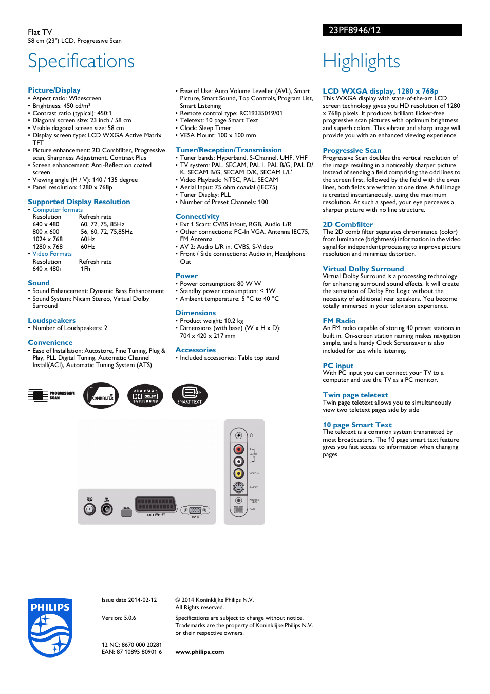 Specifications, Highlights | Philips Flat TV User Manual | Page 2 / 2