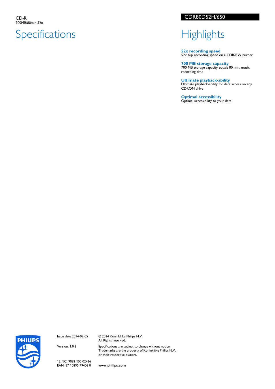 Specifications, Highlights | Philips CDR80D52H User Manual | Page 2 / 2