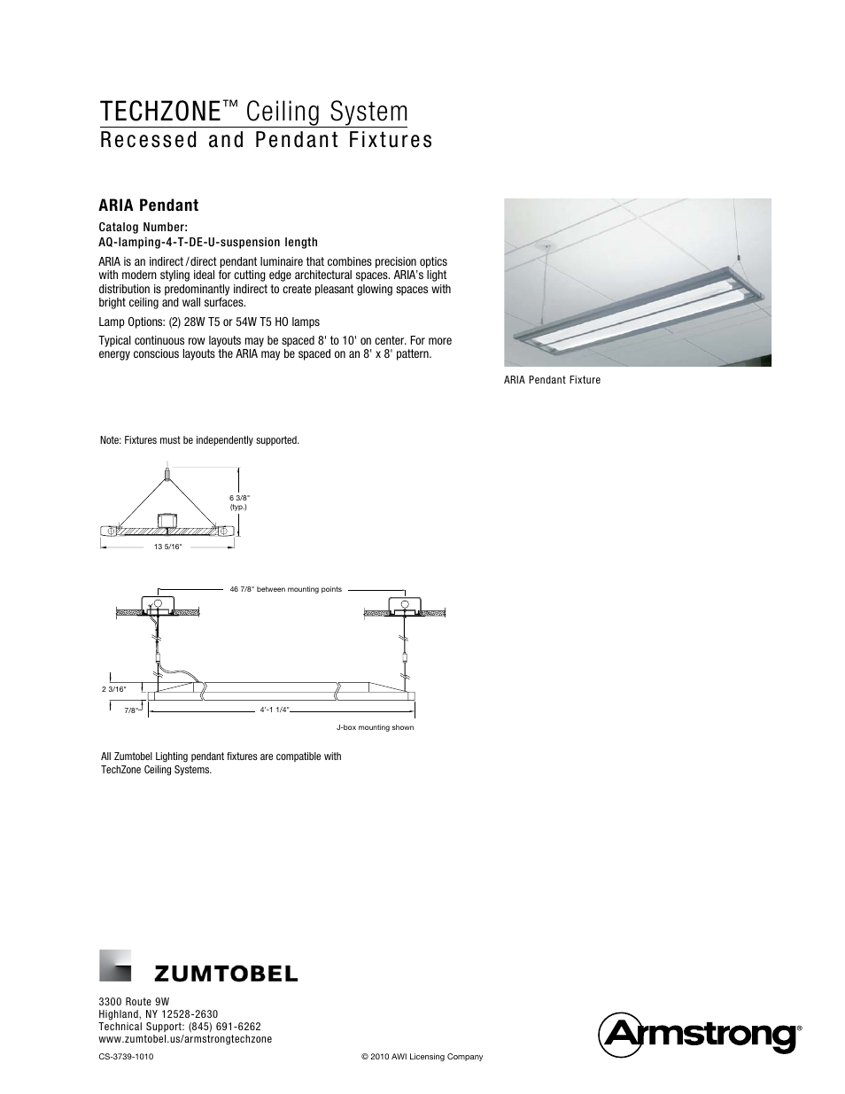 Techzone, Ceiling system, Aria pendant | Armstrong World Industries Zumtobel Ceiling Lighting System User Manual | Page 4 / 4