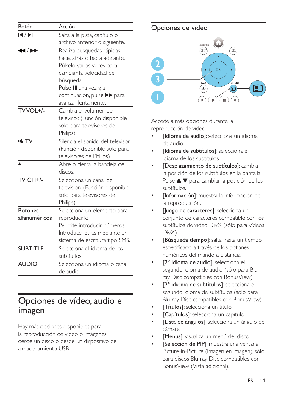 Opciones de vídeo, audio e imagen | Philips Fidelio Reproductor de Blu-ray Disc User Manual | Page 11 / 32