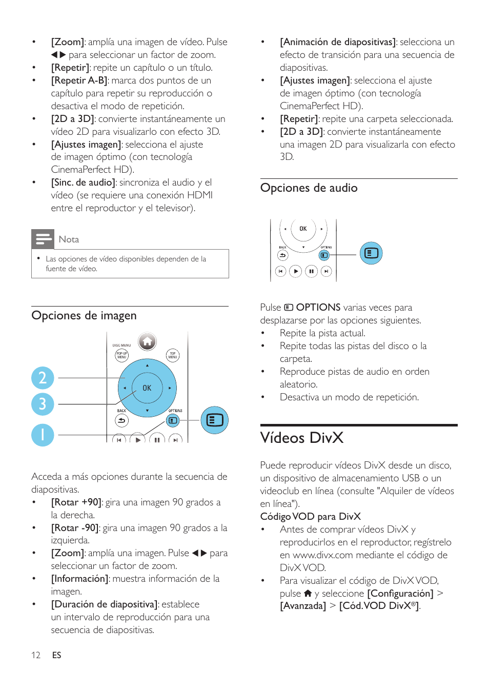 Vídeos divx | Philips Fidelio Reproductor de Blu-ray Disc User Manual | Page 12 / 32