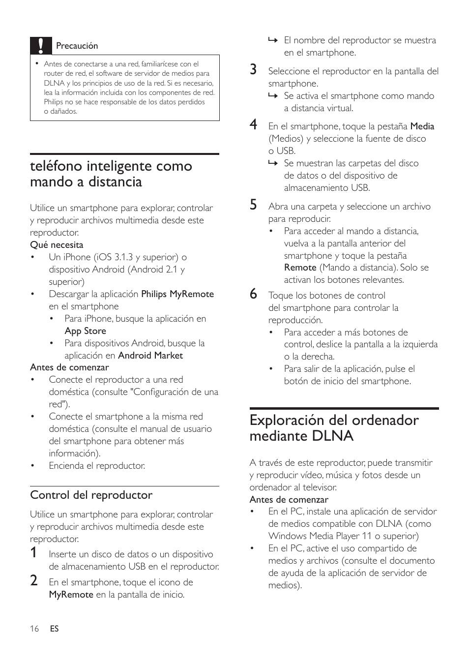 Teléfono inteligente como mando a distancia, Exploración del ordenador mediante dlna, Teléfono inteligente como mando a | Distancia, Exploración del ordenador mediante, Dlna | Philips Fidelio Reproductor de Blu-ray Disc User Manual | Page 16 / 32