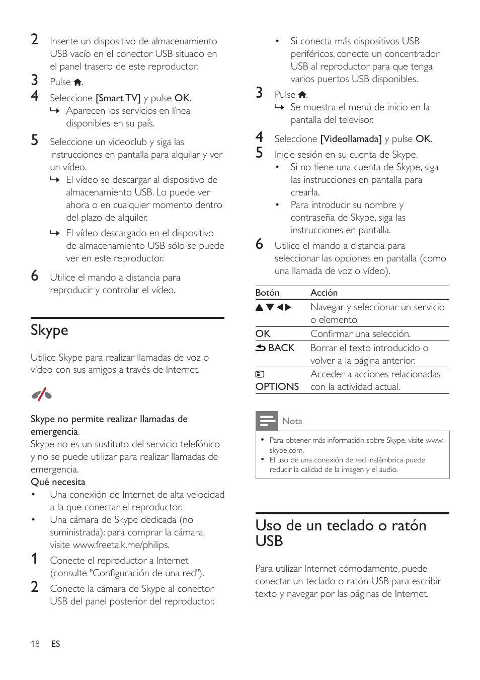 Skype, Uso de un teclado o ratón usb | Philips Fidelio Reproductor de Blu-ray Disc User Manual | Page 18 / 32